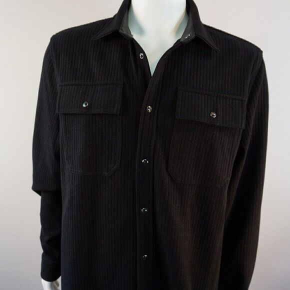 Karl Lagerfeld Men Sz L Shirt Jacket Black Ribbed Knit Snap Buttons Leather Trim - Picture 8 of 12